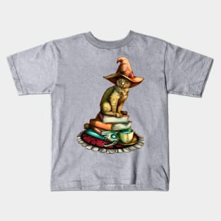 Witchy Cat with Books and Magic Skull and Tea Kids T-Shirt